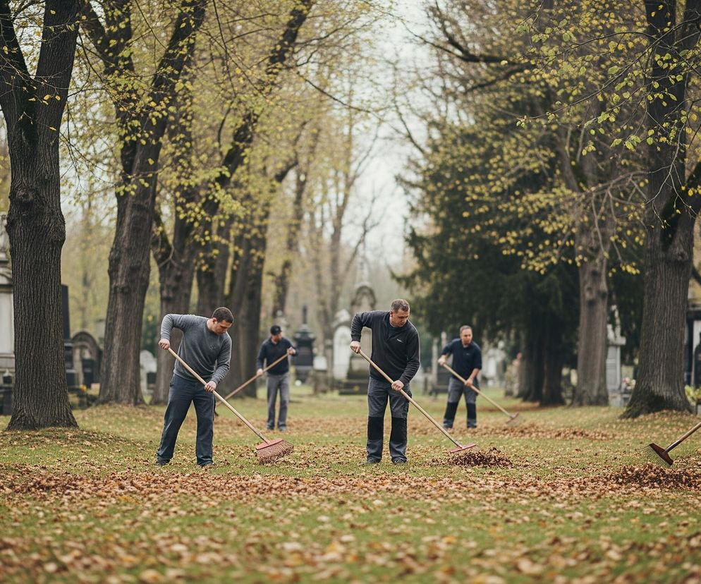 Pięciu mężczyzn grabi liście na zielonej trawie pokrytej opadłymi, brązowo-żółtymi liśćmi, w alei otoczonej wysokimi drzewami o grubych pniach i jasnożółtych liściach. Tło wypełniają nagrobki i posągi cmentarza, widoczne za drzewami w jesiennym krajobrazie pod pochmurnym niebem. Mężczyźni ubrani są w ciemne bluzy i spodnie, a w rękach trzymają grabie o długich drewnianych trzonkach i czerwonych lub czarnych głowicach.