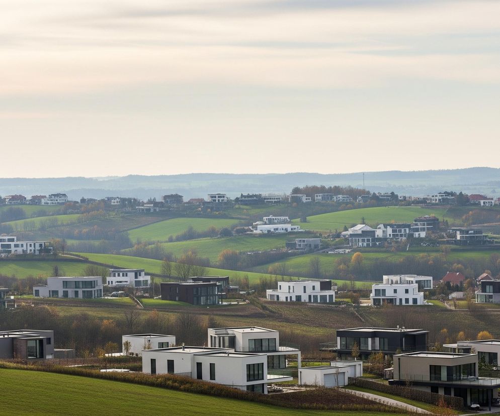 Rozległy pagórkowaty krajobraz pokryty zielonymi polami i zabudowaniami mieszkalnymi. Nowoczesne domy o płaskich dachach, w odcieniach bieli, szarości i ciemnego brązu, rozłożone są na wzniesieniach. Dalszy plan i horyzont zasłania lekka mgła, przez którą przebija się częściowo niebo z jasnymi chmurami.