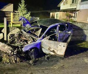 Lisewo Malborskie. Pożar auta po uderzeniu w słup energetyczny. Dwie osoby uratowali świadkowie.