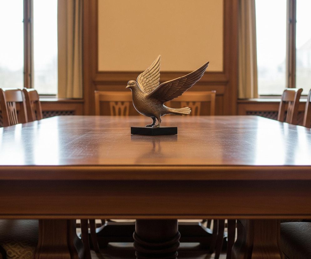 Na środku długiego, polerowanego stołu z ciemnego drewna stoi złota statuetka gołębia z rozpostartymi skrzydłami. Gołąb ma głowę skierowaną w lewo, z wyraźnie widocznymi piórami na skrzydłach i ogonie. Stół otaczają krzesła z wysokimi, rzeźbionymi oparciami, a ich tapicerowane siedziska mają wzór w kolorach beżu i zieleni. W tle widać trzy duże okna, z których wpada jasne światło, częściowo zakryte beżowymi zasłonami po bokach, a ściany pokoju są w odcieniach brązu i beżu.