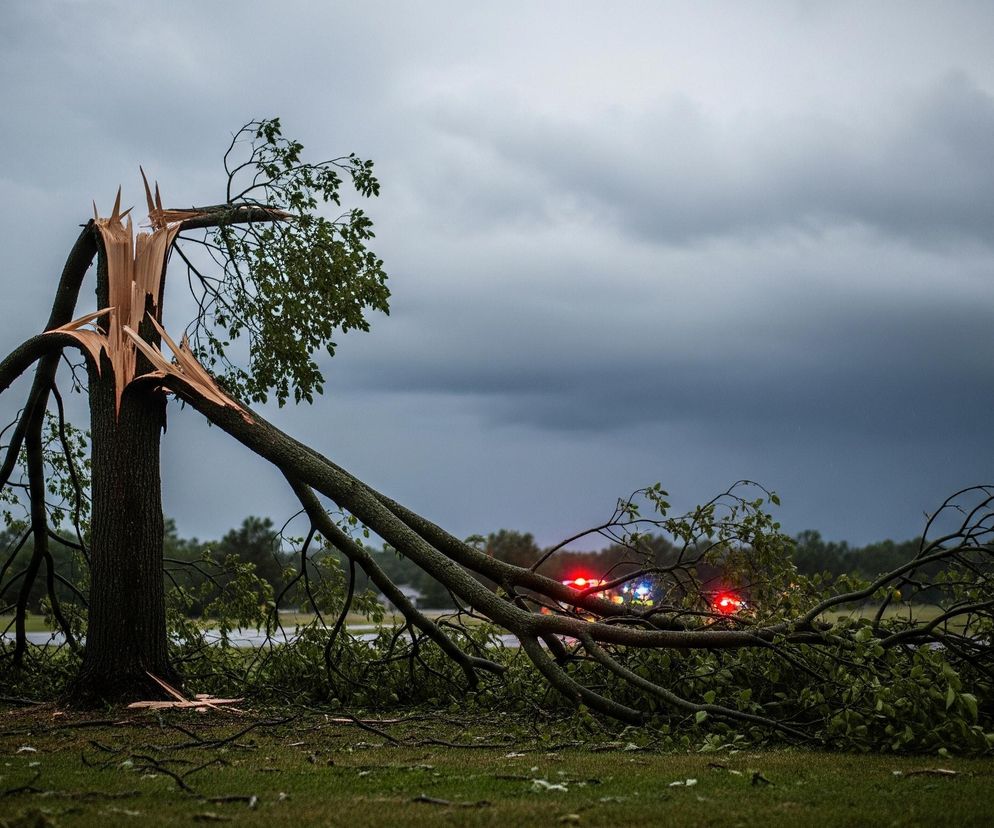 Pośrodku kadru dominuje złamane drzewo, jego pień jest popękany i rozszczepiony, ukazując jasne, świeże drewno. Górna część pnia i konary leżą na ziemi, pokrywając trawiastą powierzchnię gałęziami z zielonymi liśćmi oraz rozsypanymi drobnymi kawałkami drewna i liści. W tle, za drzewem i zielonym pasem krzewów, widoczne są migające czerwone i niebieskie światła pojazdu, prawdopodobnie służb ratunkowych. Całość otacza pochmurne, szare niebo, z ciemniejszymi chmurami po prawej stronie.