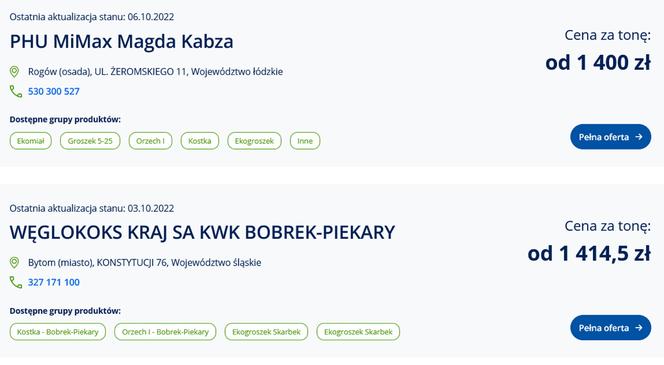 Ceny węgla ze strony cieplo.gov.pl
