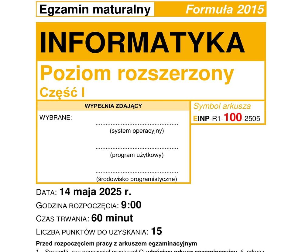 Matura 2025 informatyka rozszerzona - arkusz CKE 14.05.2025 - Formuła 2015