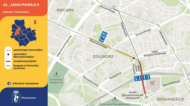 Żoliborz i Bielany odcięte od tramwaju Remont torowiska na wiadukcie 