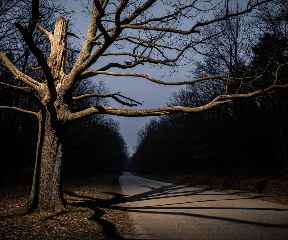Centralnie umieszczone, bezlistne drzewo o grubym pniu i rozłożystych, poskręcanych konarach dominują w kadrze, oświetlone złotym światłem, które kontrastuje z ciemnym tłem. Za drzewem rozciąga się asfaltowa droga, niknąca w oddali, otoczona po obu stronach gęstym lasem z nagimi drzewami, które są niemal całkowicie zacienione. Niebo ponad lasem ma odcień granatowo-szary, a cienie długich gałęzi drzewa padają ukośnie na powierzchnię drogi i ziemi pokrytej suchymi liśćmi, tworząc wyraźne wzory.