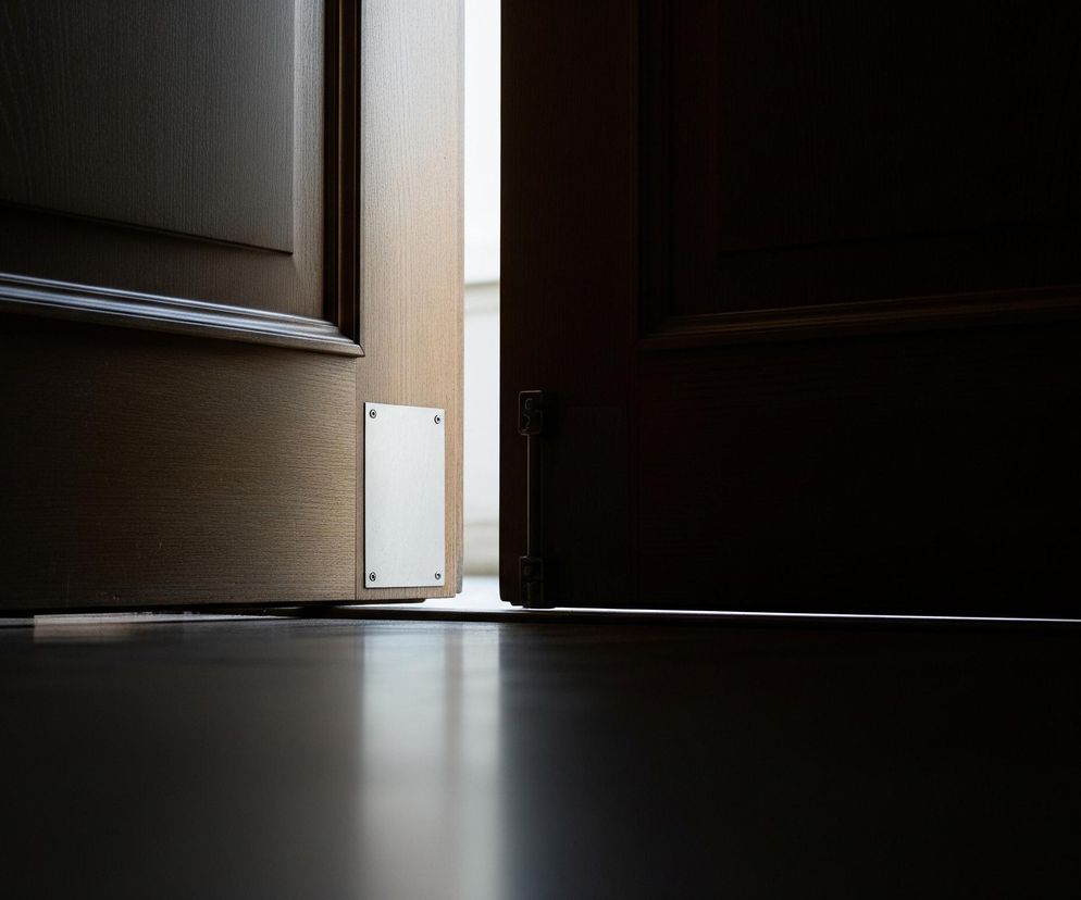 Drewniane drzwi, częściowo otwarte, ukazują szczelinę jasnego światła pomiędzy dwiema skrzydłami. Lewe skrzydło jest jaśniejsze i posiada widoczne słoje drewna oraz metalową płytkę z dwoma śrubami. Prawe skrzydło pozostaje w głębokim cieniu, a jego powierzchnia jest prawie czarna. Podłoga, wykonana z ciemnego, lśniącego materiału, odbija jasność prześwitującego światła.