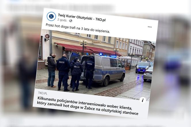 Olsztyn. Kilkunastu policjantów interweniowało wobec klienta, który zamówił hot doga w Żabce na olsztyńskiej starówce