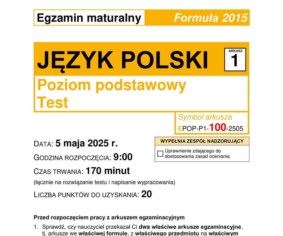 Matura 2025: polski 5.05.2025. Arkusze CKE i odpowiedzi. Poziom podstawowy 1 i 2 część [Formuła 2015]