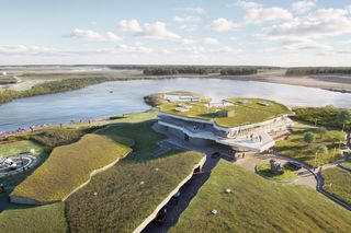 Biurowiec pośród jezior pokopalnianych: kształtem nawiązuje do warstw geologicznych. Realizuje ideę „Buduj z tego, co masz pod stopami.” 