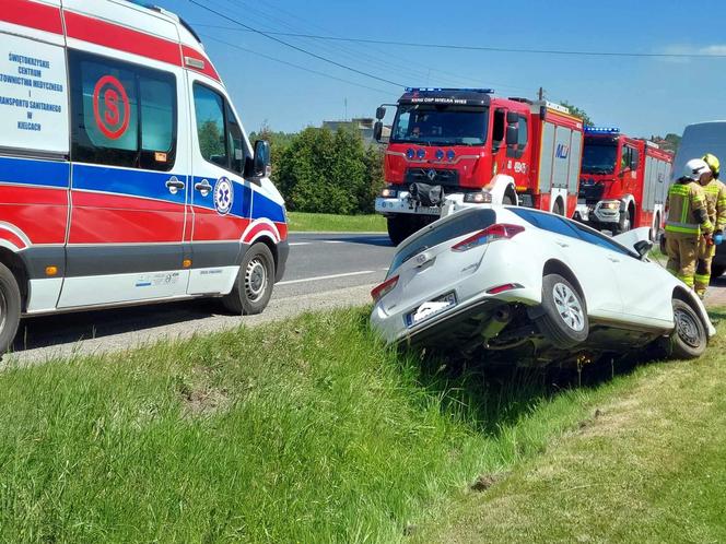 Wypadek na DK 42 w Parszowie. Auto wylądowało w rowie