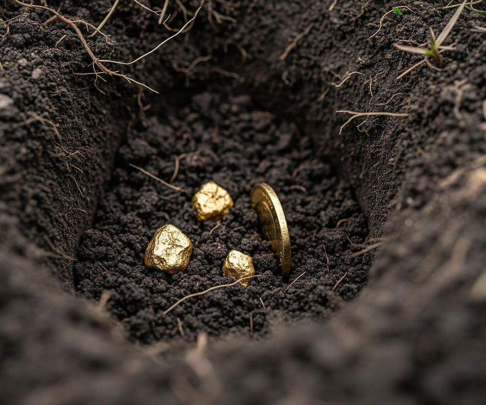 W zagłębieniu ciemnobrązowej, sypkiej ziemi, widoczne są trzy nieregularne bryłki złota oraz jedna złota moneta, ustawiona pionowo. Krawędzie zagłębienia są nieregularne i pokryte drobnymi, suchymi korzonkami oraz pojedynczymi źdźbłami zielonej trawy. Całość przedstawia widok z góry, skupiony na odkrytych przedmiotach w ziemi.