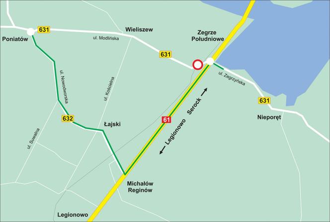 Mapa objazdu zamkniętego przejazdu kolejowego w Wieliszewie