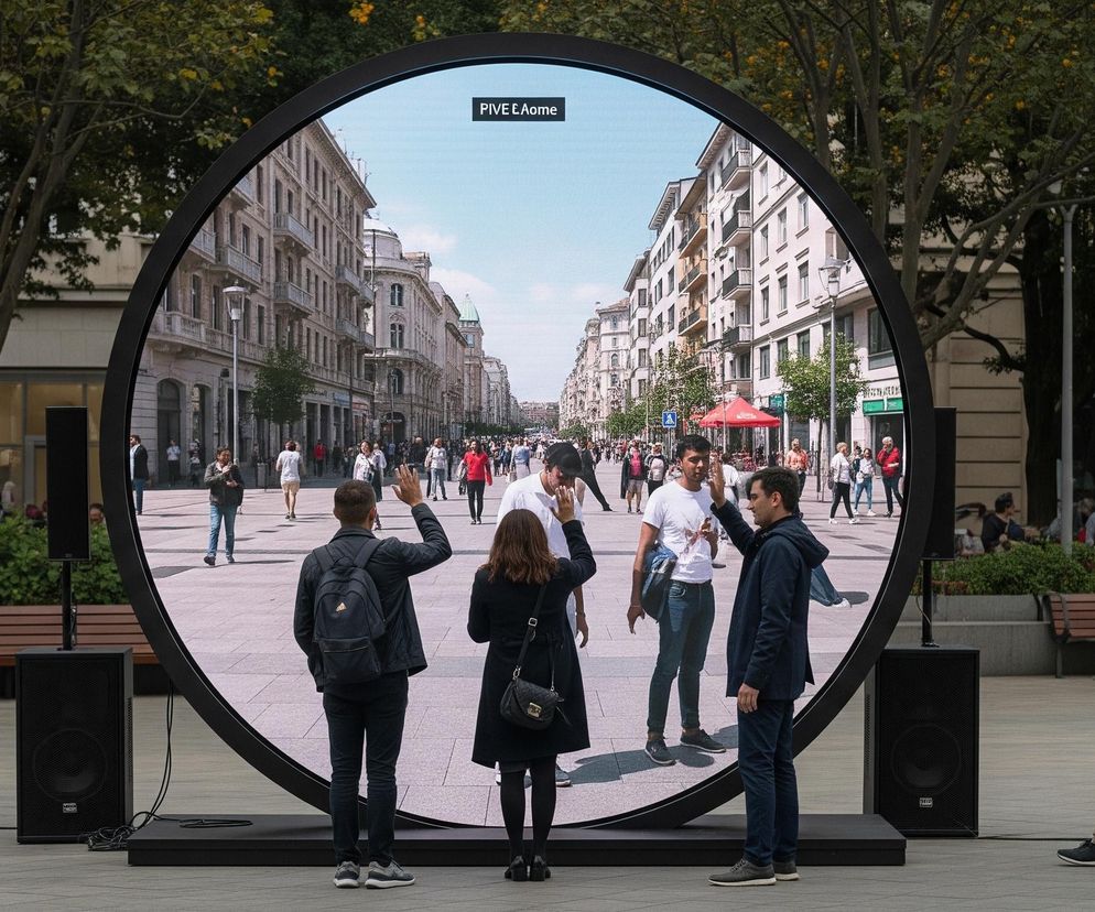 Centralnym elementem obrazu jest duży, okrągły ekran LED w czarnej ramie, wyświetlający obraz ulicy miejskiej, wzdłuż której rozciągają się wysokie budynki i przemieszcza się wielu ludzi. Na ekranie widoczny jest czarny prostokąt z napisem PIVE E.Aome w lewym górnym rogu. Przed ekranem stoi kilka osób, w tym mężczyzna z plecakiem i kobieta z torebką, oboje z uniesionymi dłońmi, a także inny mężczyzna, który również ma uniesioną dłoń w stronę ekranu. Po obu stronach ekranu znajdują się czarne kolumny głośnikowe, a w tle widać zielone drzewa, ławki i innych ludzi spacerujących po placu.