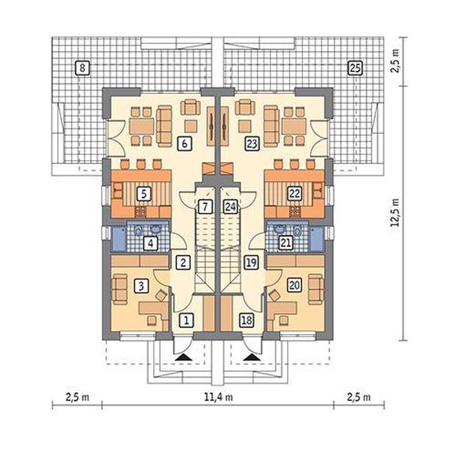 Projekt domu M225c Światła miasta - wariant III (dwulokalowy) z katalogu Muratora - plan parteru