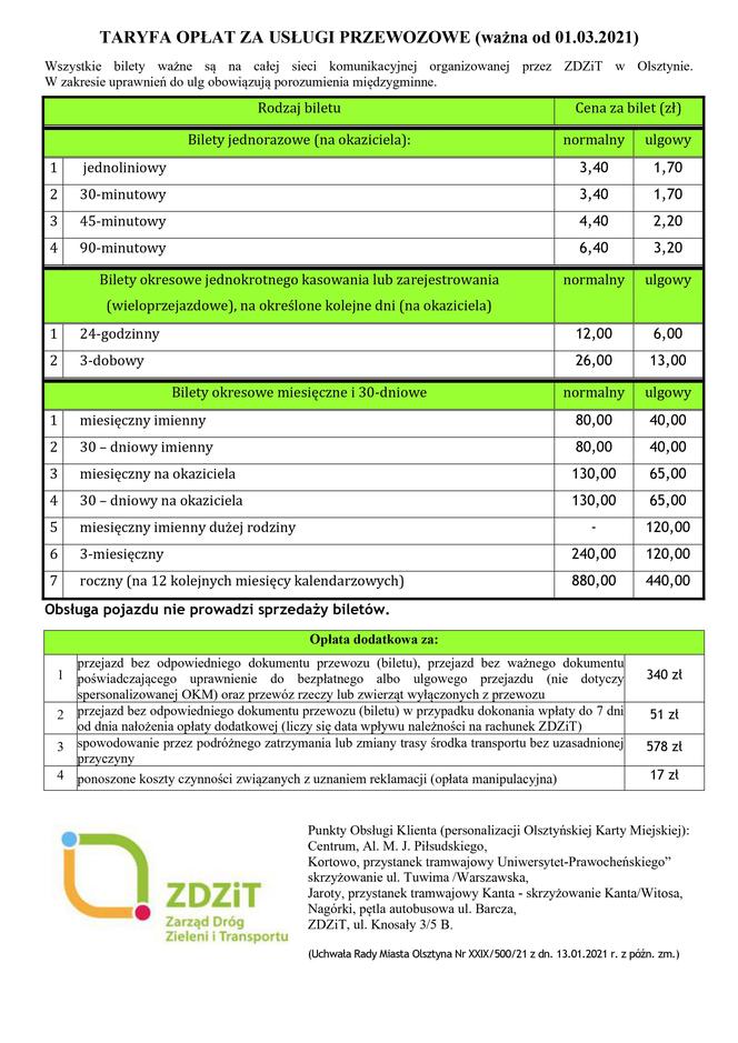 Olsztyn. Cennik biletów za przejazd komunikacją miejską od 1 marca 2021 