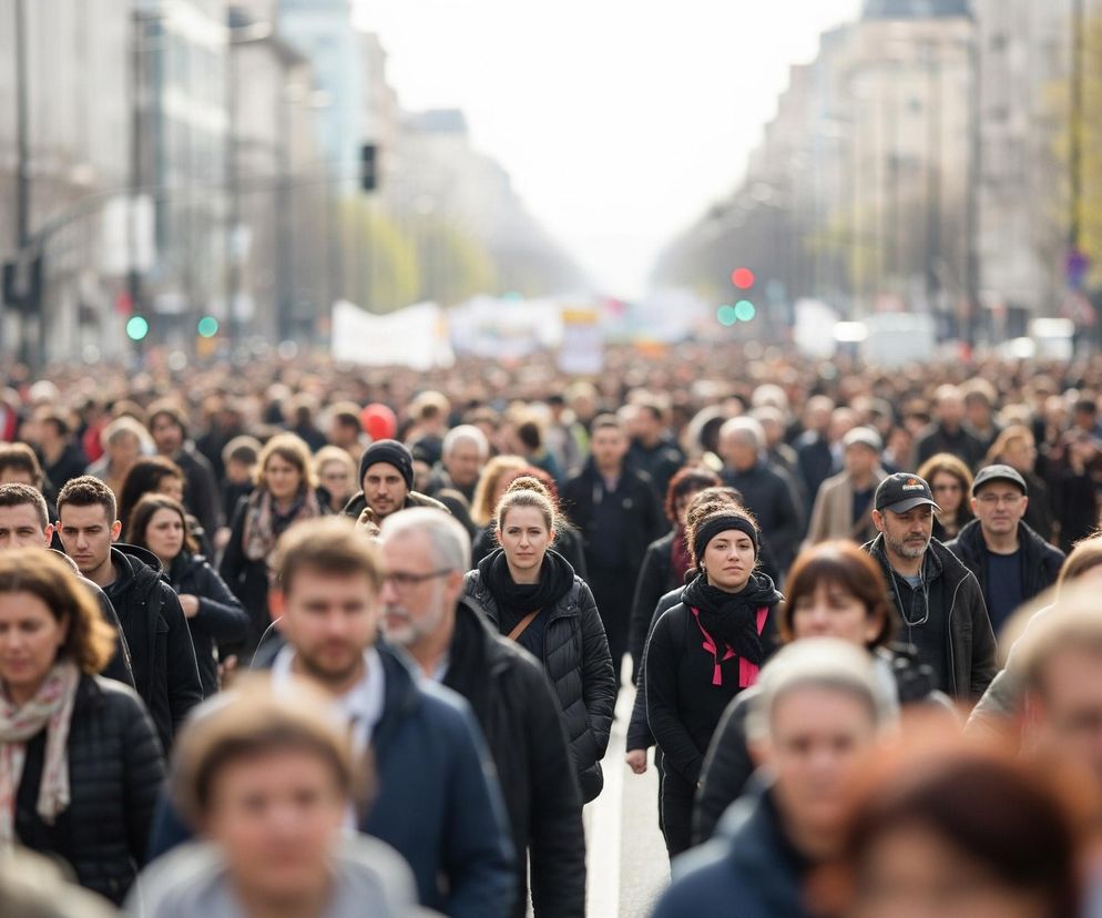 Tłum ludzi idzie wzdłuż szerokiej ulicy, rozciągającej się w perspektywie ku jasnemu, rozmytego horyzontowi. Na pierwszym planie widać wyraźniej twarze i sylwetki osób, ubrane głównie w ciemne kurtki i szale, z kilkoma jaśniejszymi akcentami, takimi jak białe paski na szalikach. Po obu stronach ulicy w oddali, za gęstym skupiskiem ludzi, zarysowują się budynki i drzewa o jasnozielonych liściach, a także sygnalizacja świetlna z czerwonymi i zielonym światłem.
