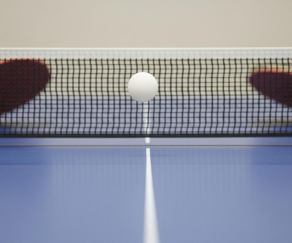 Na obrazie centralnie unosi się biała piłeczka do tenisa stołowego, znajdująca się tuż nad siatką, która rozciąga się przez środek kadru. Siatka ma czarne, drobne oczka i białą, szeroką taśmę u góry. Za siatką, po obu stronach piłeczki, widać niewyraźne, ciemnoczerwone rakietki do tenisa stołowego, o drewnianych uchwytach. Poniżej siatki rozpościera się niebieski stół do tenisa stołowego z wyraźną, białą linią centralną, biegnącą od siatki w kierunku dolnej krawędzi obrazu. Tło powyżej siatki jest jasnoszare i rozmyte.