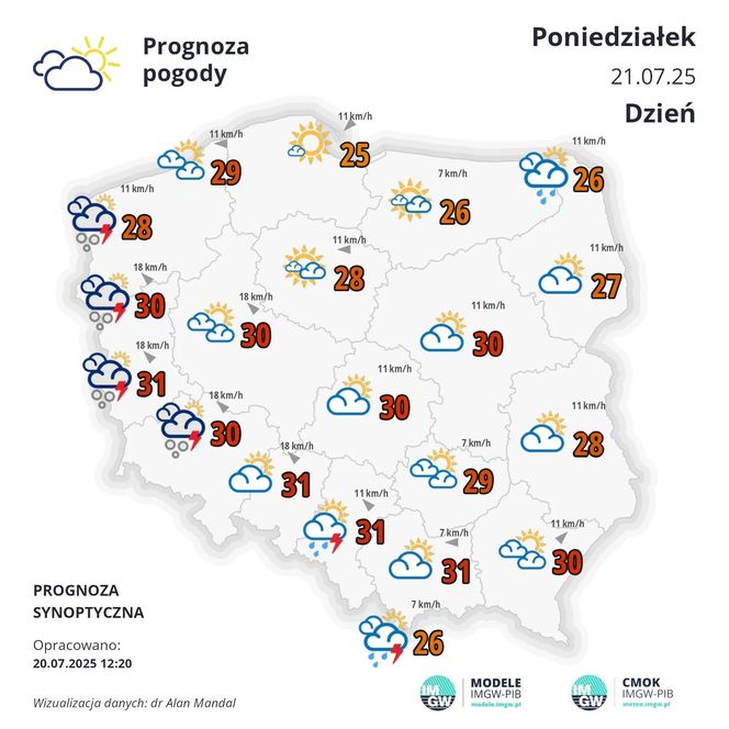 Prognoza IMGW na poniedziałek, 21 lipca