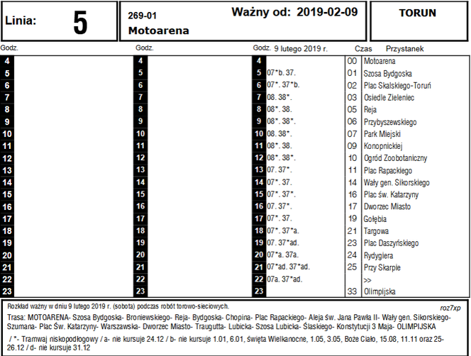 Rozkłady jazdy tramwajów - 9 stycznia
