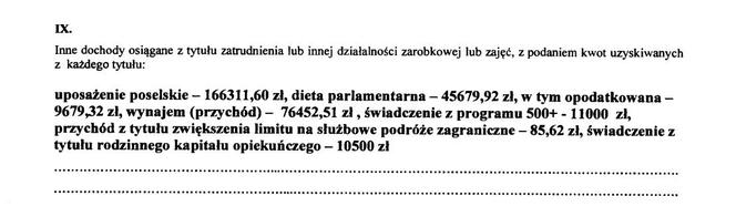 Fragment oświadczenia majątkowego