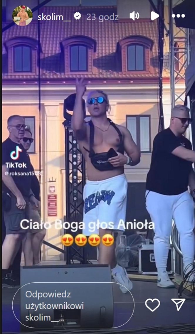 Kilka dni po wypadku Skolim już szaleje po scenie bez temblaka. "Ciało boga, głos anioła"