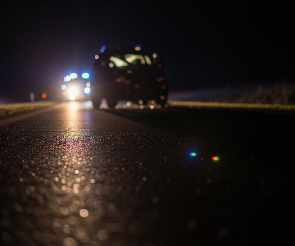 Droga pokryta drobnymi kroplami wody dominuje dolną część kadru, odbijając światła pojazdów. W oddali widać dwa samochody jadące w kierunku obserwatora, pierwszy z nich ma włączone intensywne, biało-niebieskie światła awaryjne i reflektory, a drugi, bardziej rozmazany, znajduje się za nim. Pobocza drogi po obu stronach są delikatnie oświetlone, ukazując trawę i przydrożne słupki, natomiast tło pozostaje niemal całkowicie ciemne. Na środku drogi widać niewielkie, kolorowe rozbłyski światła, przypominające efekt flary.