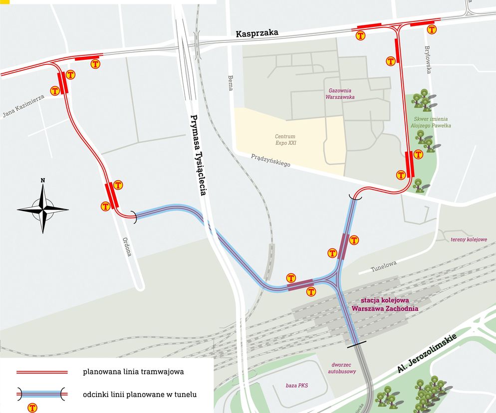 Tramwaj Kasprzaka – Dworzec Zachodni – mapa