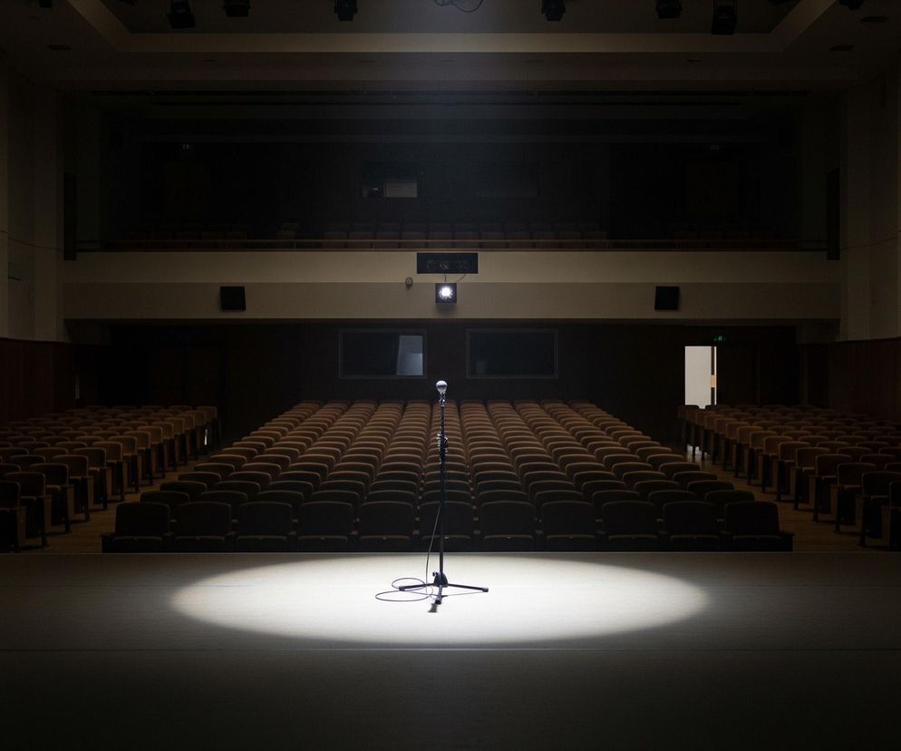 Na środku sceny, w kręgu jasnego światła, stoi mikrofon na czarnym statywie. Scena jest prostokątna i wykonana z jasnego drewna lub jasnej wykładziny, stopniowo ciemniejącej poza zasięgiem reflektora. W tle rozciąga się pusta widownia z licznymi rzędami brązowych foteli, ułożonych w trzech sekcjach. Ściany boczne widowni są beżowe, z ciemniejszymi pionowymi panelami i elementami drewnianymi na dole. Całe pomieszczenie jest słabo oświetlone, a górna część sceny i sufit są prawie niewidoczne w ciemności.