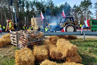 Totalna blokada DK 80 pod Bydgoszczą. Duże utrudnienia dla kierowców. Rolnicy ustawili barykadę, palą drewno, organizują pogrzeb [ZDJĘCIA]