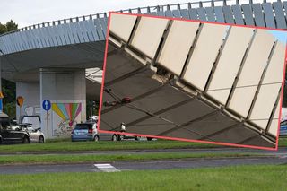 Fragmenty estakady spadły na jezdnię. Jeden pas zamknięty