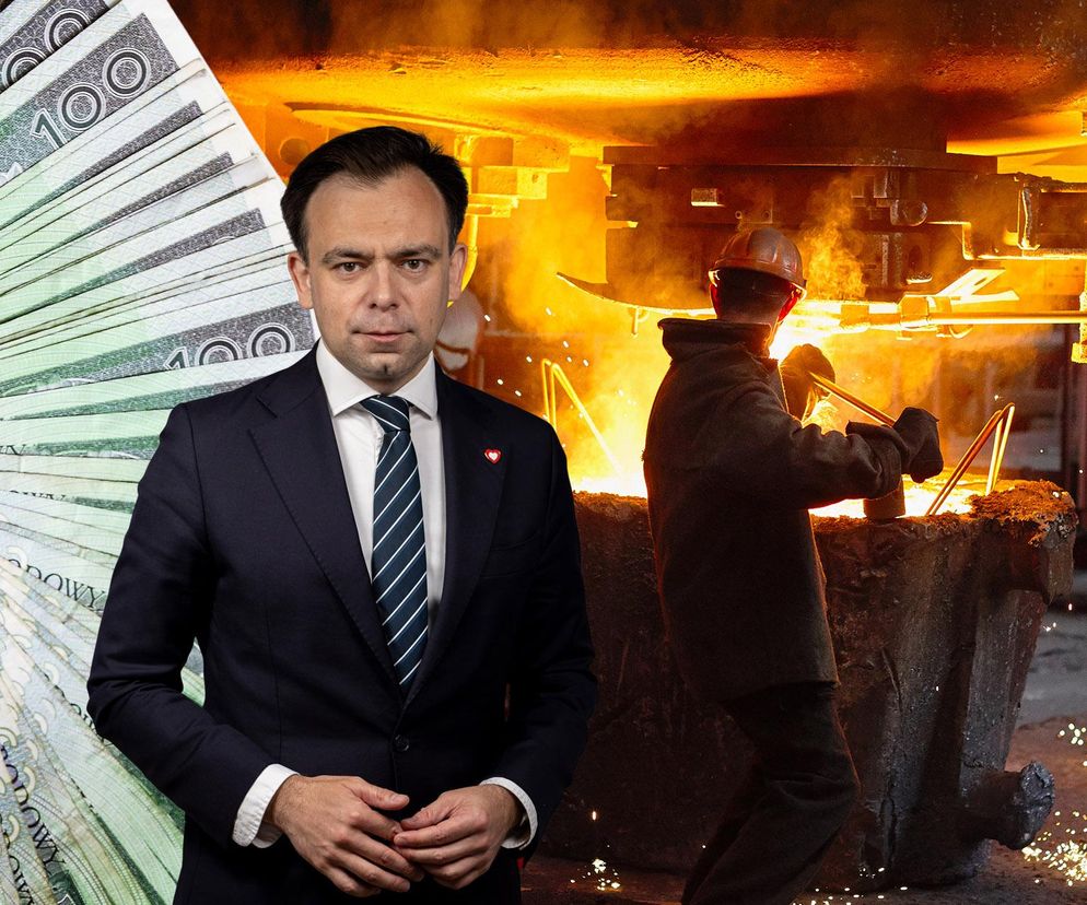 Polityk Patryk Jaki na tle rozłożonych banknotów studolarowych i pracownika huty. Zdjęcie ilustruje oddech polskiego przemysłu i jego przyszłe perspektywy wzrostu, o czym przeczytasz więcej na portalu Super Biznes.