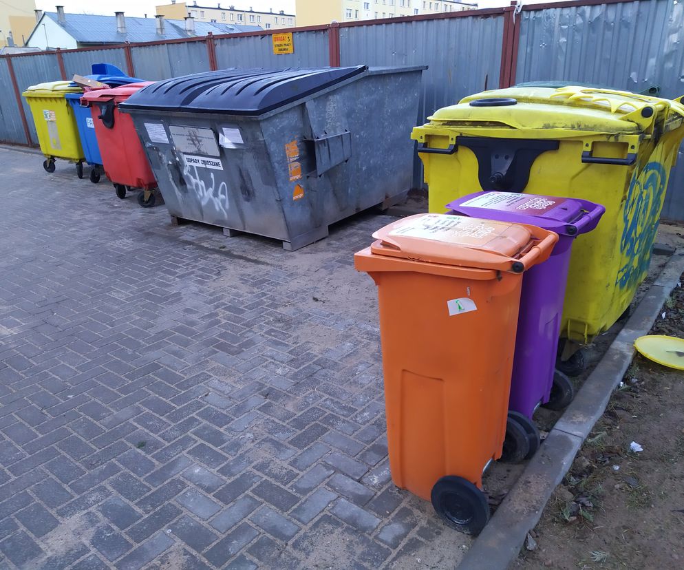 Kolorowe pojemniki na śmieci wzdłuż szarego ogrodzenia, w tym duże kontenery na odpady zmieszane oraz mniejsze kosze w odcieniach żółci, czerwieni, błękitu, pomarańczy i fioletu. Obok nich ułożona jest kostka brukowa. Zdjęcie ilustruje temat segregacji śmieci, o której więcej przeczytasz na Super Biznes.
