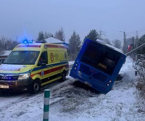 Pasażerowie przeżyli prawdziwe chwile grozy. Autobus zjechał do rowu i uderzył w słup!