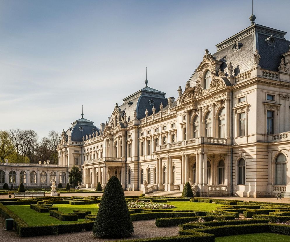 Ekstrawagancki, jasnokremowy pałac w stylu neobarokowym dominuje na obrazie, z licznymi zdobieniami architektonicznymi, kolumnami, wykuszami i balustradami. Charakteryzują go strome, ciemnoszare dachy z lukarnami i szpiczastymi wieżyczkami. Przed pałacem rozciąga się starannie utrzymany ogród z regularnie przyciętymi zielonymi żywopłotami, tworzącymi geometryczne wzory, a także ścieżki wysypane żwirem i kilka drzew o stożkowatym kształcie. Po lewej stronie ogrodu widać osobę idącą ścieżką, a tło wypełniają drzewa o nagich gałęziach.