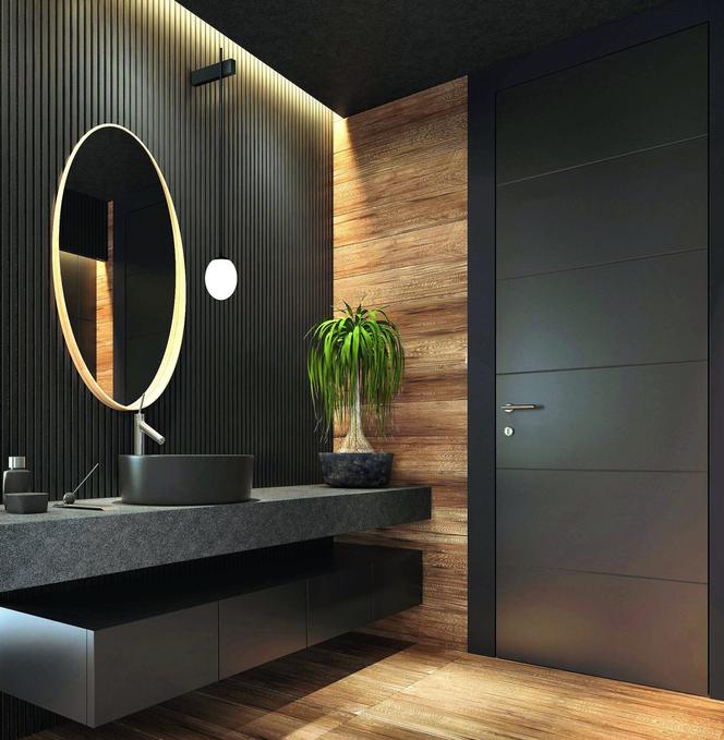 Łazienka w szarości i drewnie - elegancja ciemnych odcieni