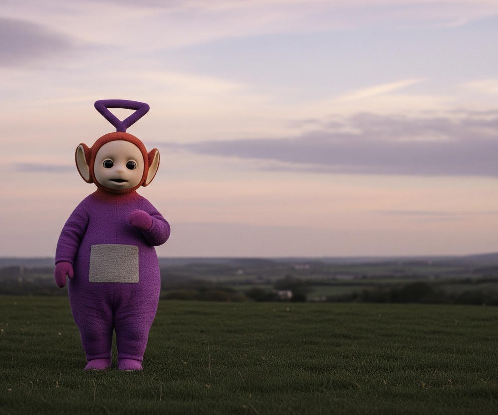 Fioletowa postać stoi na zielonym polu. Ma owalną, kremową twarz z czarnymi oczami, małymi ustami i czerwonym kołnierzem oraz uszami. Na głowie wznosi się fioletowa antena w kształcie trójkąta. Postać ubrana jest w fioletowy strój z szarym, prostokątnym panelem na brzuchu oraz fioletowymi rękawiczkami i butami. Tło stanowi rozległy krajobraz z pofałdowanymi zielonymi wzgórzami, a nad nim rozciąga się niebo o barwach od jasnego błękitu do różowego i fioletowego, z rozproszonymi chmurami.