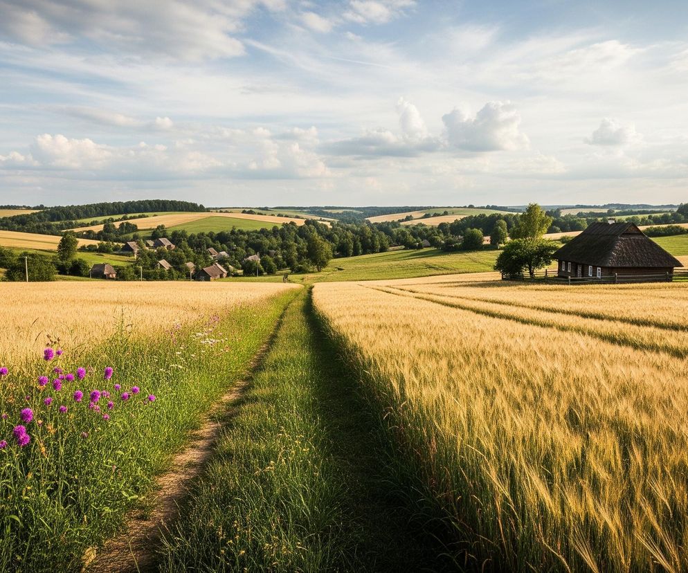 Polna ścieżka biegnie przez rozległe pola do horyzontu, dzieląc kadry na dwie części. Po lewej stronie ścieżki widać bujne, jasnozielone trawy z fioletowymi i żółtymi kwiatami. Pola po obu stronach ścieżki pokryte są dojrzałym, złotym zbożem, gdzieniegdzie widoczne są ślady przejazdu maszyn rolniczych. W tle, na wzniesieniu po prawej stronie, stoi drewniany dom z ciemnym, spadzistym dachem. Na dalszym planie rozciąga się pagórkowaty krajobraz z mozaiką pól uprawnych, zielonych lasów i rozrzuconych zabudowań wiejskich, wszystko to pod częściowo zachmurzonym niebem.