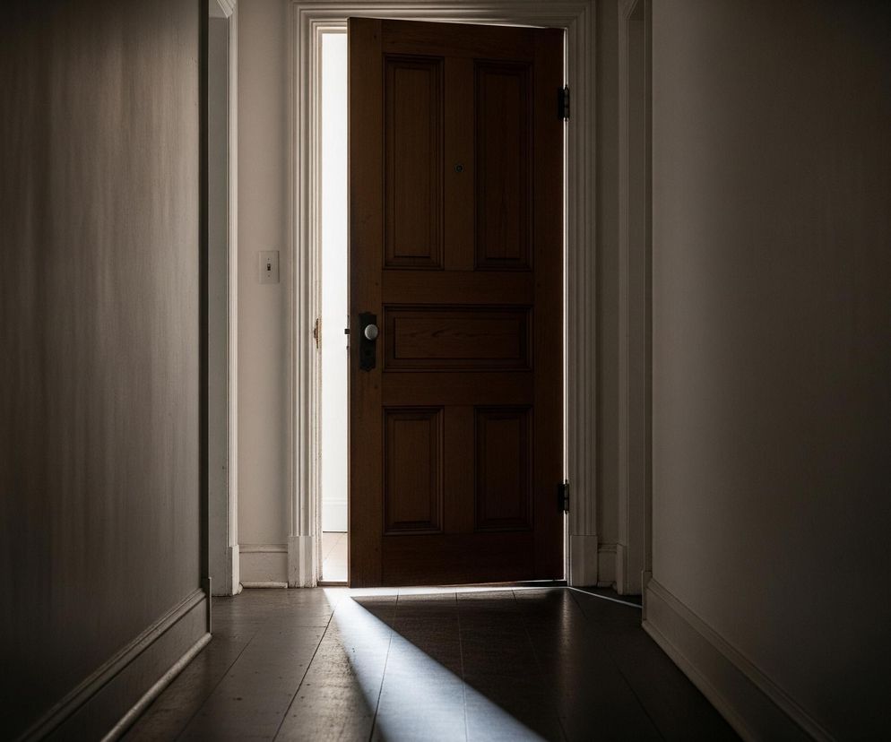 Wąski korytarz z ciemnego drewna prowadzi do otwartych, drewnianych drzwi, zza których wydobywa się jasne światło. Lewa ściana jest jaśniejsza i oświetlona, natomiast prawa pozostaje w głębokim cieniu. Korytarz charakteryzuje się drewnianymi deskami podłogowymi oraz białymi listwami przypodłogowymi.