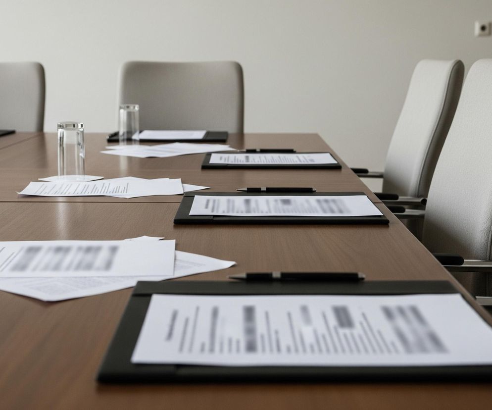 Na brązowym, podłużnym stole konferencyjnym, widocznym pod kątem z prawej strony, leżą białe dokumenty, część z nich umieszczona na czarnych podkładkach z długopisami. Na stole stoją również szklane butelki z wodą i szklanki. W tle ustawione są jasnoszare krzesła biurowe, a ściana jest w kolorze kremowym.