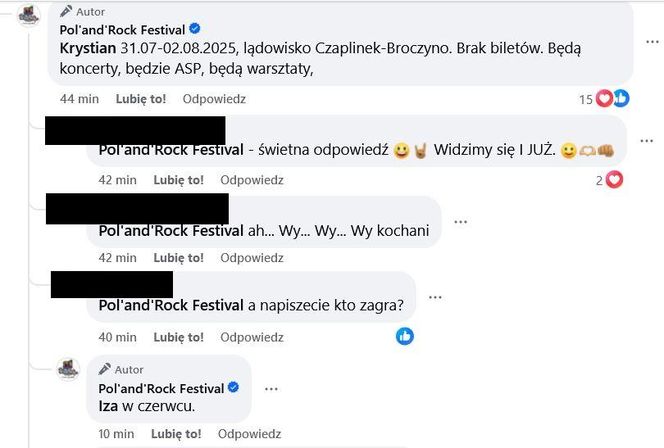 Screen z Facebooka Pol'and'Rock Festivalu