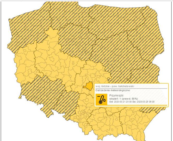 IMGW ostrzega przed przymrozkami. Alert obejmuje także powiat bełchatowski.