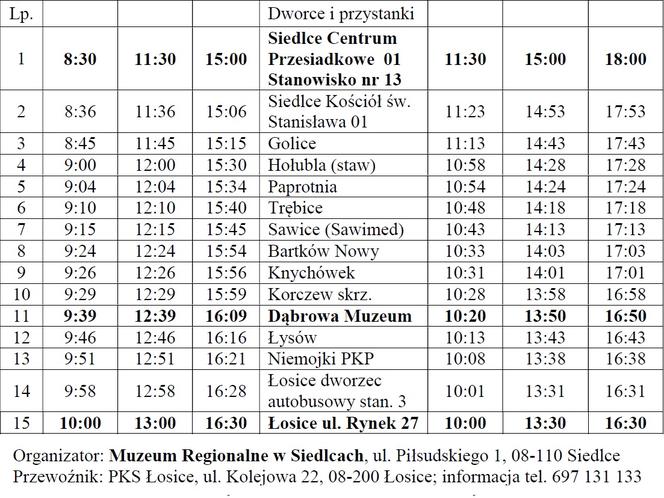 Rozkład jazdy darmowych autobusów z Siedlec do Dąbrowy