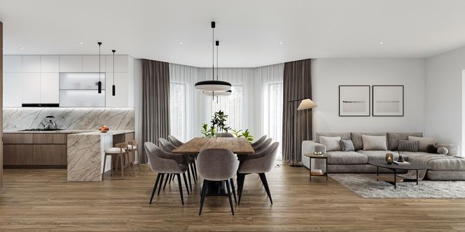 Salon z kuchnią i jadalnią