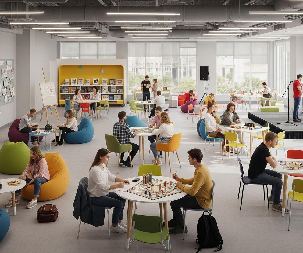 W przestronnej, jasnej sali, oświetlonej liniowymi lampami wiszącymi na suficie z widoczną instalacją wentylacyjną, wiele osób zajmuje się różnymi aktywnościami. Po lewej stronie znajdują się sztalugi z rysunkami, a obok nich tablica z przypiętymi dziecięcymi pracami plastycznymi. W centralnej części pomieszczenia ludzie siedzą przy białych stołach i na kolorowych pufach, grając w gry planszowe lub rozmawiając. W tle, na podwyższonej scenie, stoi mężczyzna w czerwonej koszulce, obok niego mikrofon i dwa ekrany prezentujące grafikę.