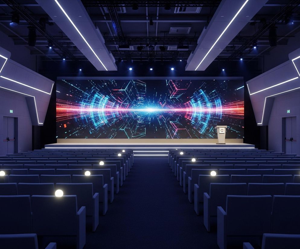 Audytorium konferencyjne, ukazane z perspektywy widowni, wypełniają rzędy ciemnoniebieskich foteli, między którymi rozmieszczono małe, świecące, kuliste lampy. Na końcu sali znajduje się duży, prostokątny ekran, na którym wyświetlany jest dynamiczny wzór abstrakcyjny z elementami geometrycznymi i świetlistymi smugami w odcieniach czerwieni, błękitu i fioletu, z jaśniejszym centrum. Pod ekranem umieszczono podium z mikrofonem. Ściany boczne, utrzymane w ciemnych odcieniach szarości, zdobią poziome i ukośne pasy białego światła LED, tworzące nowoczesne, geometryczne wzory. Nad sceną widoczne są kratownice techniczne z reflektorami.