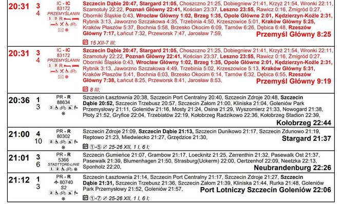 Rozkład jazdy dla stacji Szczecin Główny na zimę 2024/2025