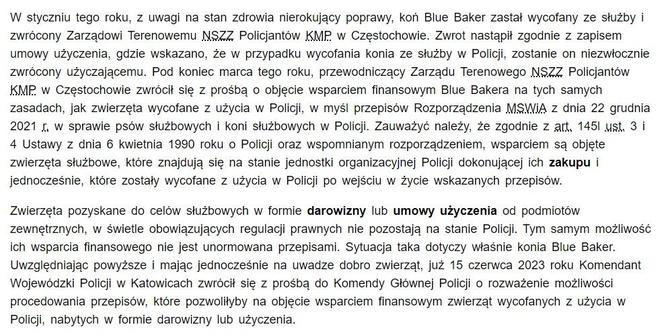 Stanowisko Komendy Wojewódzkiej Policji w Katowicach w sprawie konia Blue Bakera