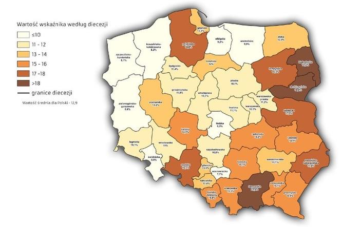 W tych diecezjach najmniej osób chodzi do kościoła