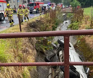 Samochód z kierowcą wpadł do rzeki i dachował