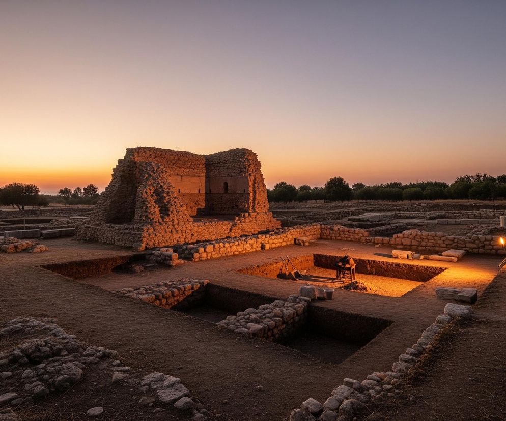 Centralnym punktem obrazu jest duża, częściowo zrujnowana budowla kamienna, oświetlona ciepłym, pomarańczowo-złotym światłem zachodzącego słońca. Przed nią, na terenie otoczonym niskimi kamiennymi murkami i odkrytymi wykopami, znajduje się postać siedząca na krześle, pochylona nad pracą, oświetlona przez jedną z lamp. Po prawej stronie widać drugą, jasną lampę umieszczoną na statywie. Cały teren wokół głównej budowli i postaci to obszar archeologicznych wykopalisk, z licznymi kamiennymi fragmentami murów i usypiskami ziemi, rozciągającymi się daleko w głąb. Horyzont dominuje gradientowe niebo przechodzące od jasnopomarańczowego przy horyzoncie do fioletowo-niebieskiego na górze, z sylwetkami drzew widocznymi na linii horyzontu.